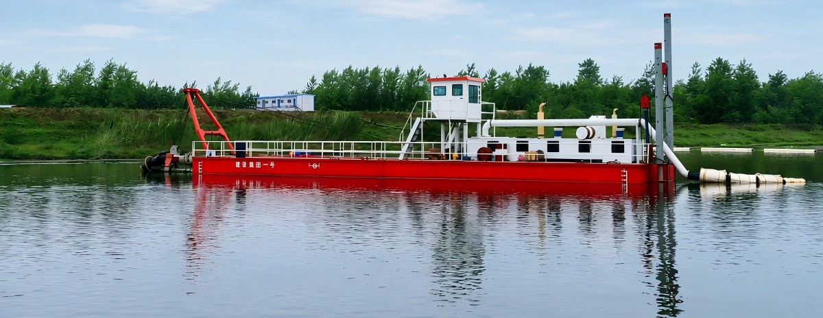 Cutter suction sand dredger vessel working on the river